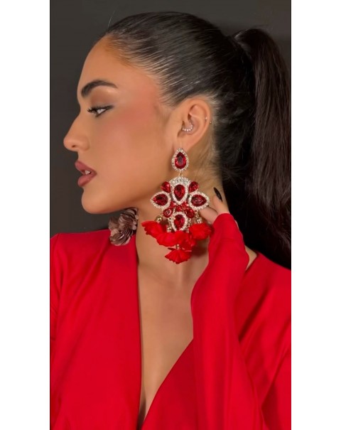 Σκουλαρίκια με κρύσταλλα και υφασμάτινα λουλούδια