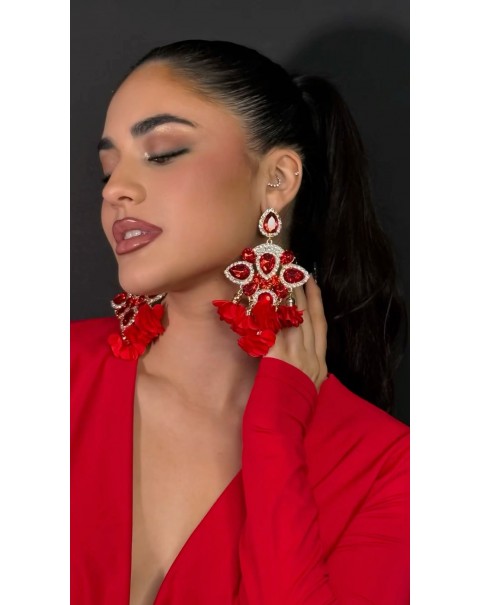 Σκουλαρίκια με κρύσταλλα και υφασμάτινα λουλούδια