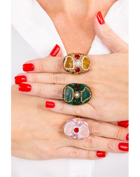 Οβάλ δαχτυλίδι με φυσικούς λίθους και ζιργκόν