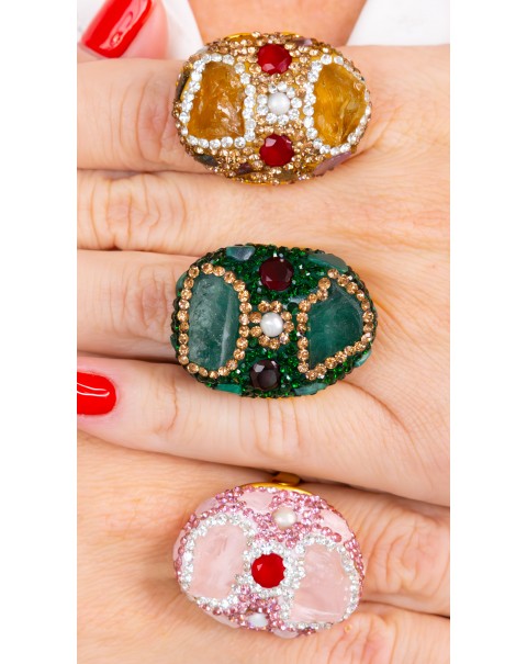 Οβάλ δαχτυλίδι με φυσικούς λίθους και ζιργκόν