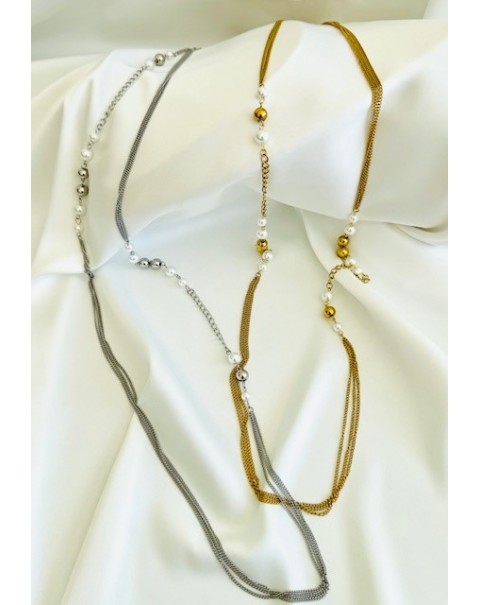 Μακρύ κολιέ με αλυσίδες και πέρλες