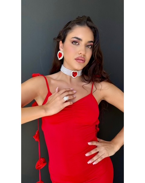 Κολιέ τσόκερ με πέρλες, κρυστάλλινη καρδιά και σετ σκουλαρίκια