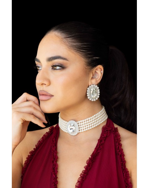 Κολιέ τσόκερ με πέρλες, οβάλ κρυστάλλινο διακοσμητικό στοιχείο και σετ σκουλαρίκια