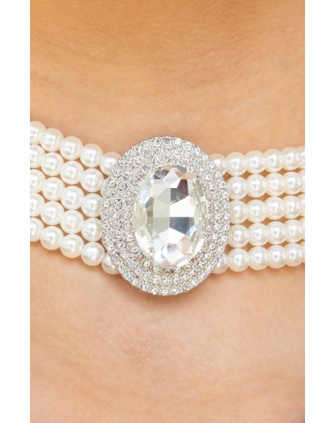 Κολιέ τσόκερ με πέρλες, οβάλ κρυστάλλινο διακοσμητικό στοιχείο και σετ σκουλαρίκια