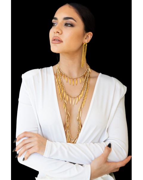 Τριπλό κολιέ με κρεμαστά φύλλα 