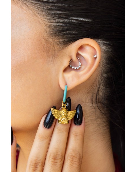 Σκουλαρίκια κρίκοι με αγγελάκι και κρεμαστή ανομοιόμορφη πέρλα