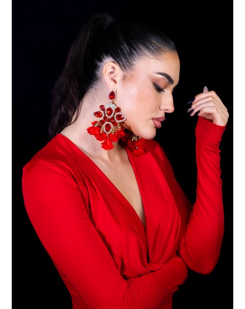 Σκουλαρίκια με κρύσταλλα και υφασμάτινα λουλούδια