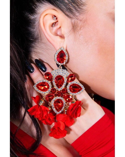 Σκουλαρίκια με κρύσταλλα και υφασμάτινα λουλούδια