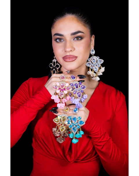 Σκουλαρίκια με κρύσταλλα και υφασμάτινα λουλούδια