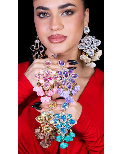 Σκουλαρίκια με κρύσταλλα και υφασμάτινα λουλούδια